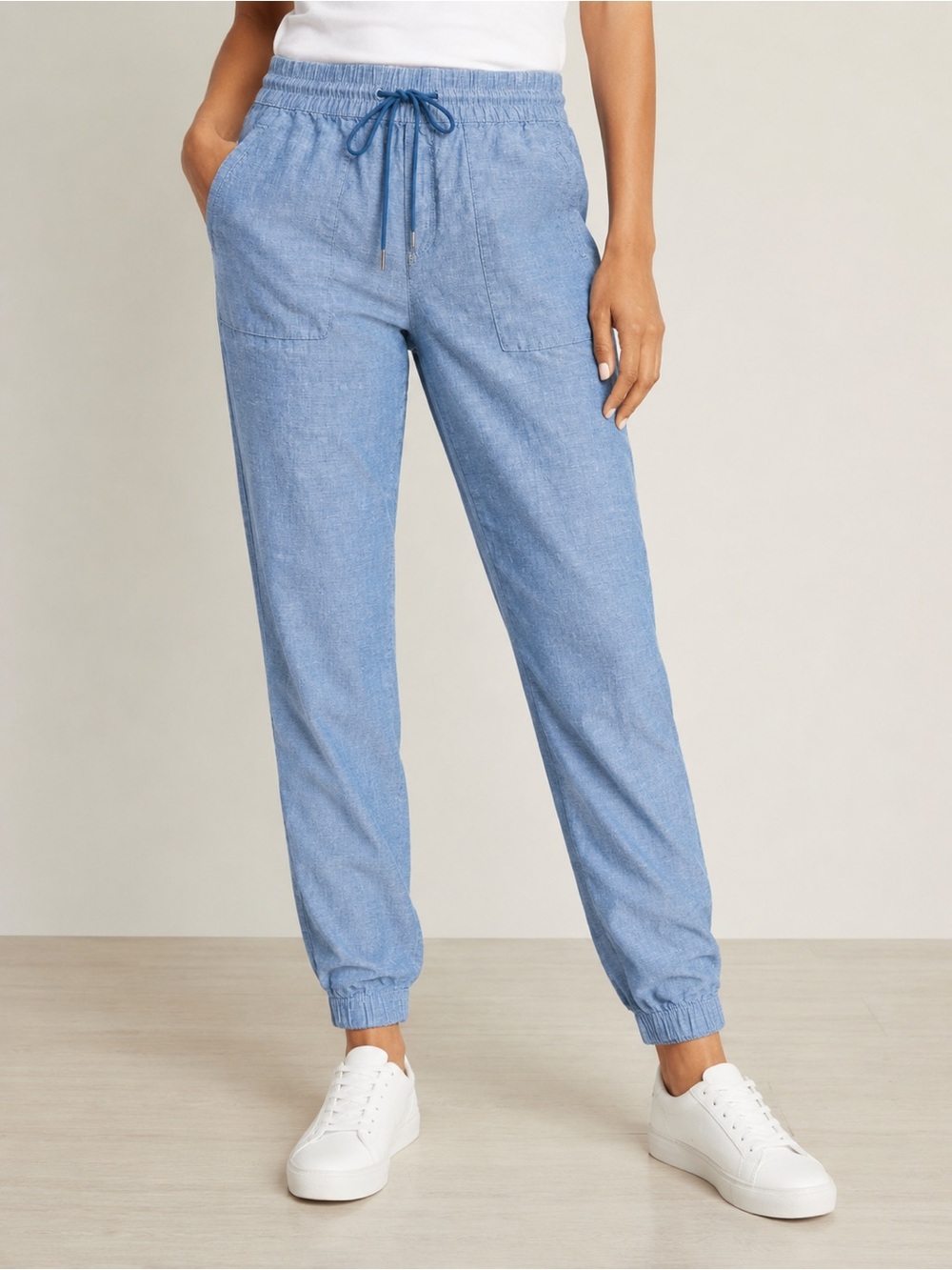 Athleta Linen Jogger Pants Size 6 Blue Chambray Drawstring Tapered Casual